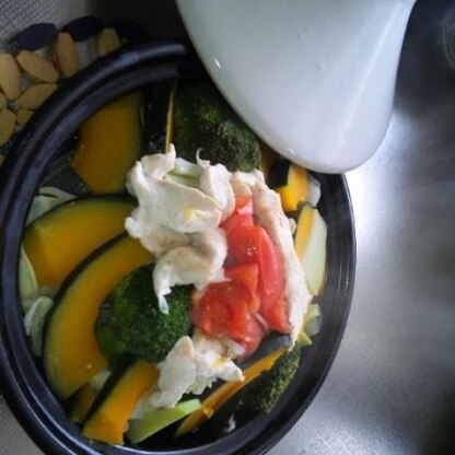 初めてのタジン鍋♪好きな野菜をたっぷり入れて作りました。カボチャはホクホクで美味しいですね(^O^)
